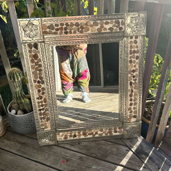 Mexican Tin Mirror Handcrafted - Rocks & Flowers  29" x 25" - Picture 2 of 16